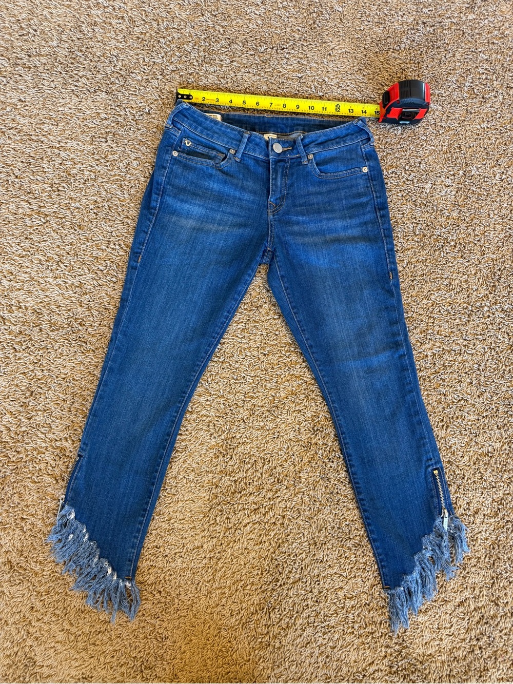 True Religion Dark Blue Frayed Ankle Skinny Jeans with Zipper Detail